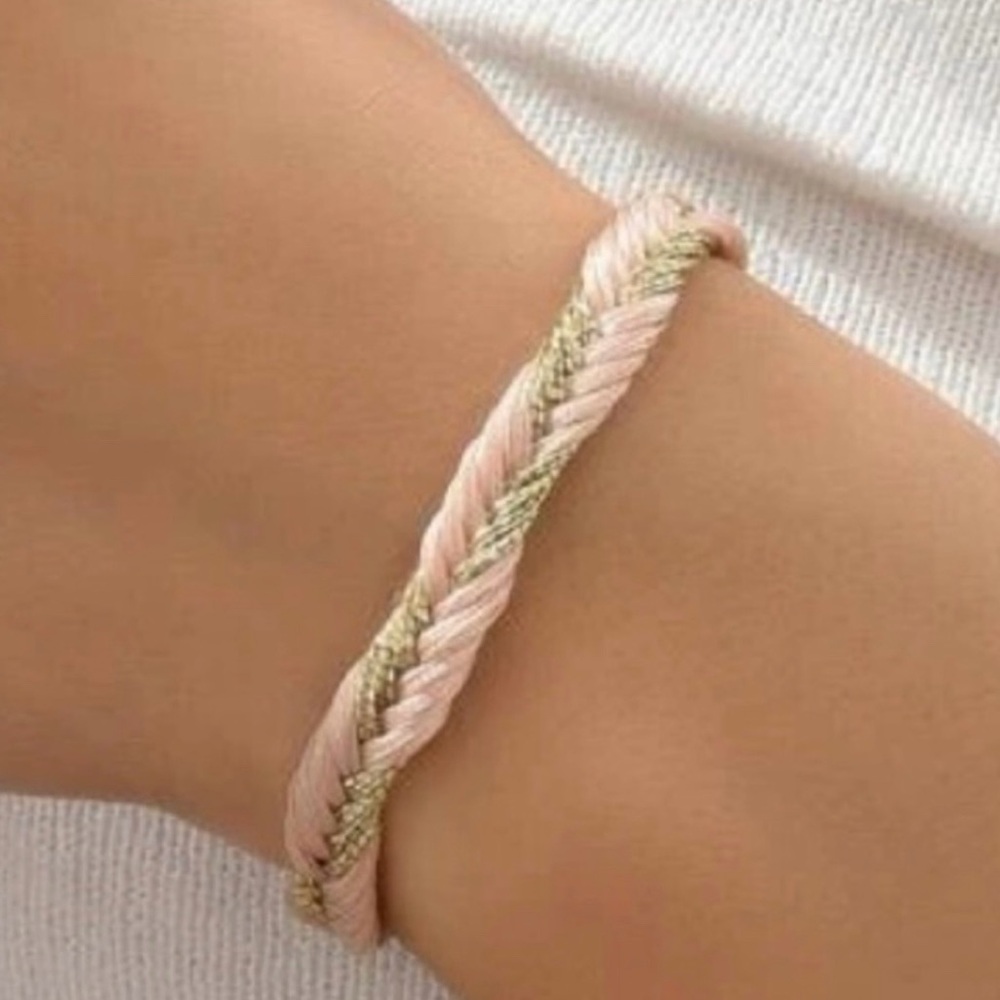 “Fishtail Braid” Pastel Pale Pink Thread & Gold Bugle Tube Bead Elegant Bracelet